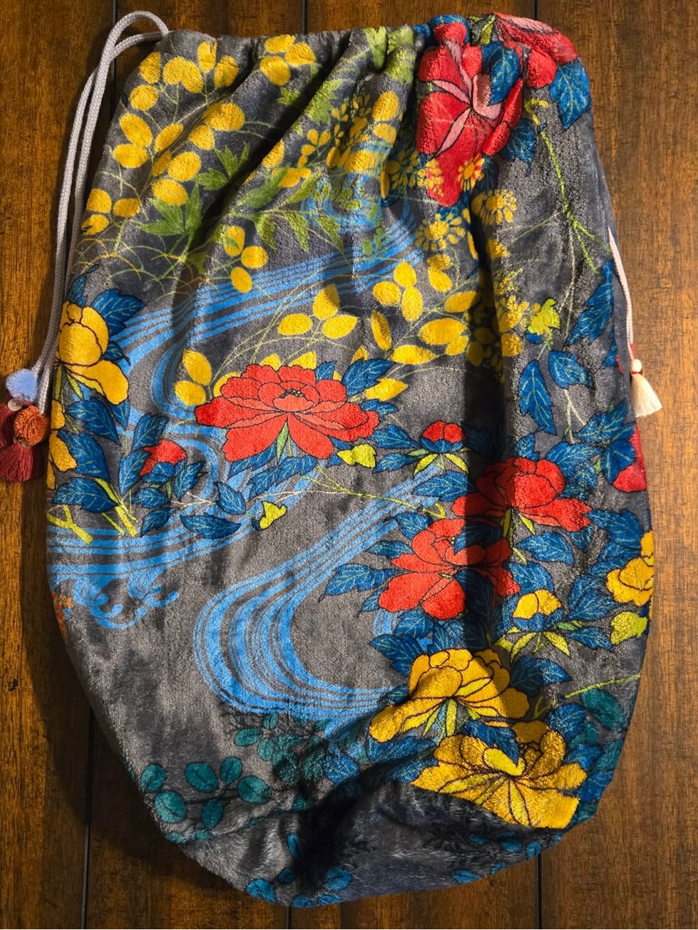 Johnny Was Boho Floral Drawstring Blanket Bag with Red, Yellow & Blue Accents